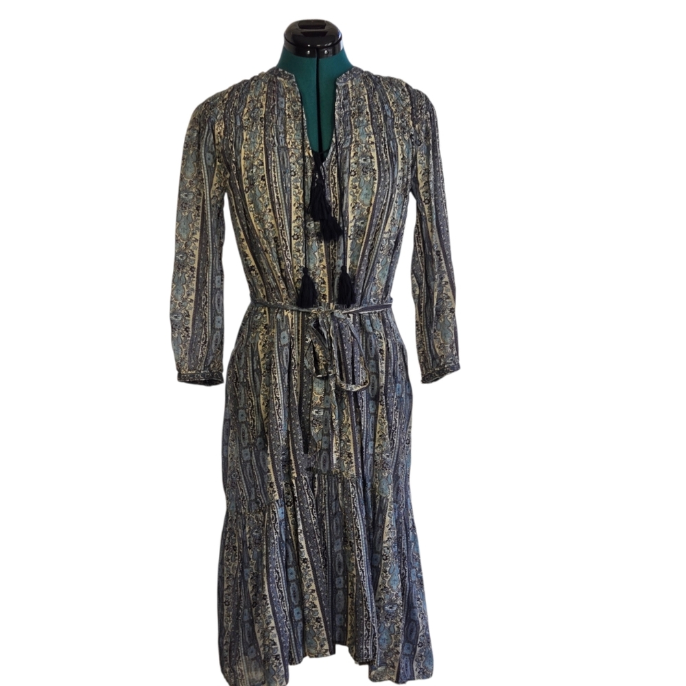 DOEN Blue Printed Midi Dress Size XS Tassel Tie Waist Boho Bohemian Resortwear